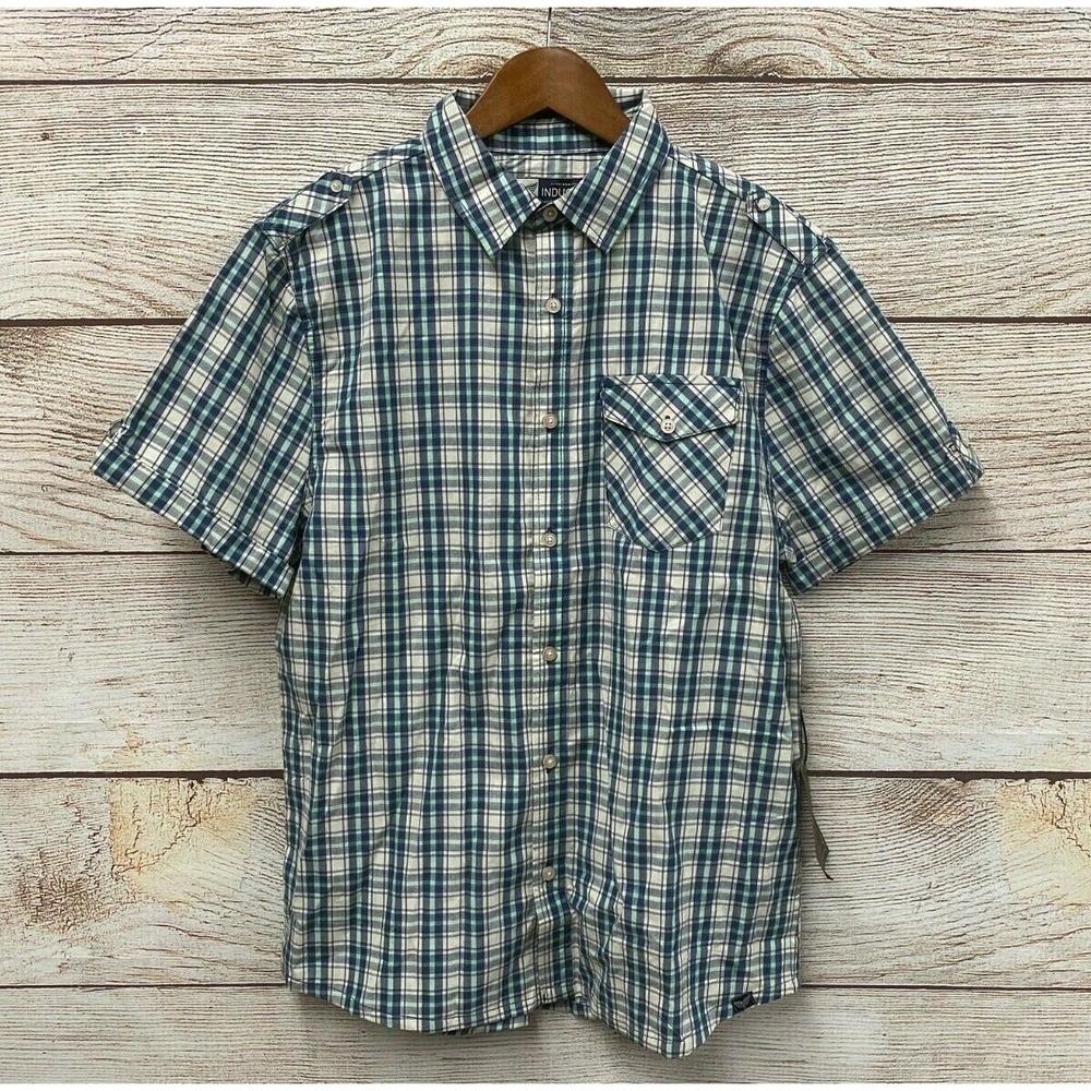 Industry Shirt Mens Size Medium Blue & Green Check Poplin Button Front Shirt New